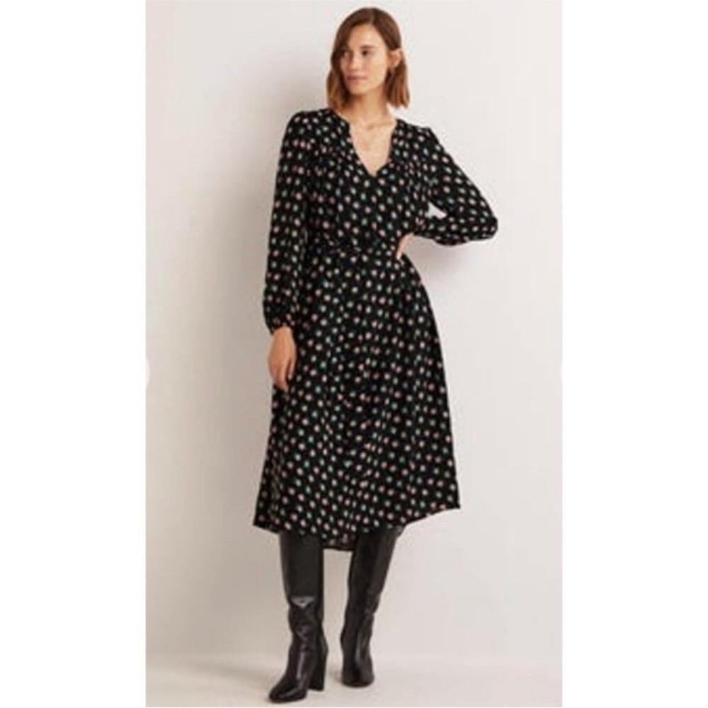 Boden Gathered Yoke Midi Dress Black Floral D0389 Size 2 Petite Flowy Modest